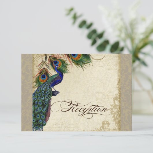Peacock & Feather Formal Empfang Einladung Tan (Stehend Vorderseite)