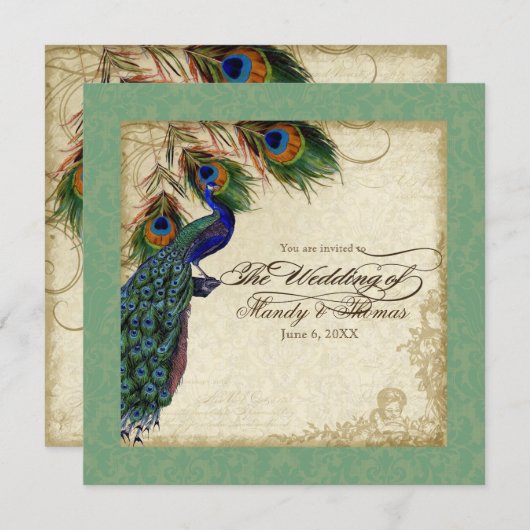 Peacock & Feather Formal Wedite Green Einladung (Vorne/Hinten)