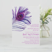 Peacock Feather Glitzer Lila Bat Mitzvah Logo Einladung (Stehend Vorderseite)