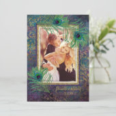 Peacock Feather Glitzer Lila Foto Save the Date (Stehend Vorderseite)