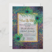 Peacock Feather Glitzer Lila Foto Save the Date (Rückseite)