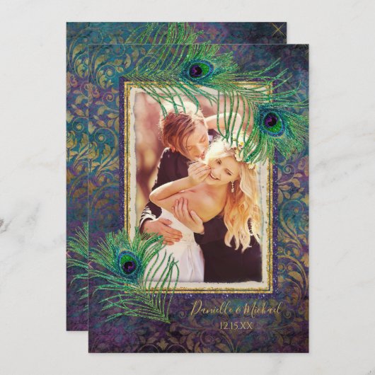 Peacock Feather Glitzer Lila Foto Save the Date (Vorne/Hinten)