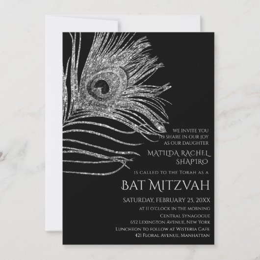 Peacock Feather Glitzer Silver Bat Mitzvah Logo Einladung (Vorderseite)