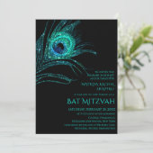 Peacock Feather Glitzer Türkis Bat Mitzvah Logo Einladung (Stehend Vorderseite)