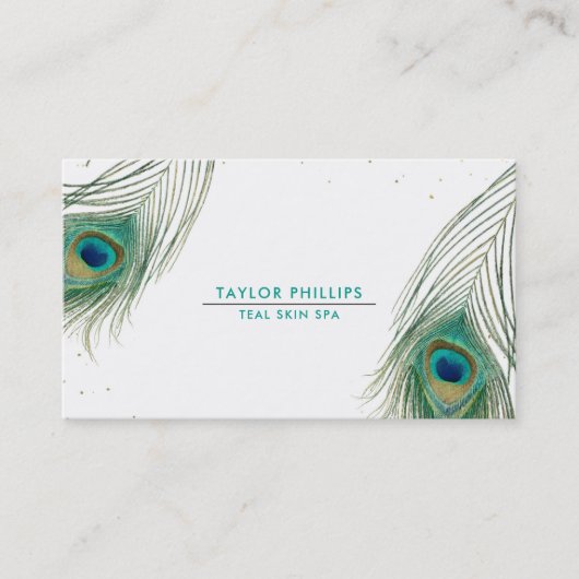 Peacock Feather Gold Dot Modern Boho Visitenkarte (Vorderseite)