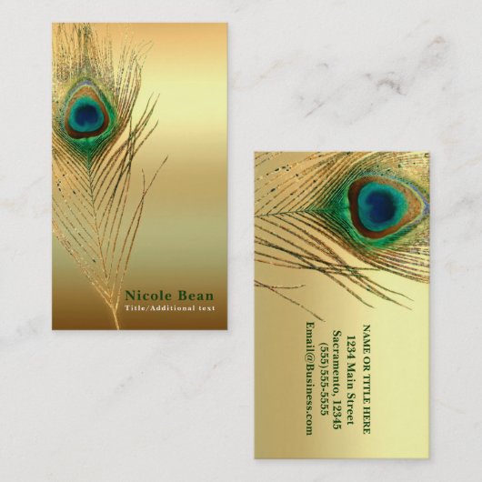 Peacock Feather Gold Exotic Boho Chic Custom Glam Visitenkarte (Vorne/Hinten)