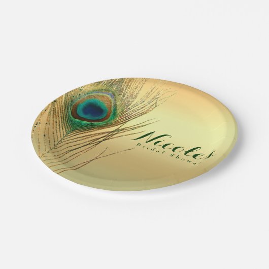 Peacock Feather Gold Exotic Boho Chic Custom Party Pappteller (Schrägansicht)