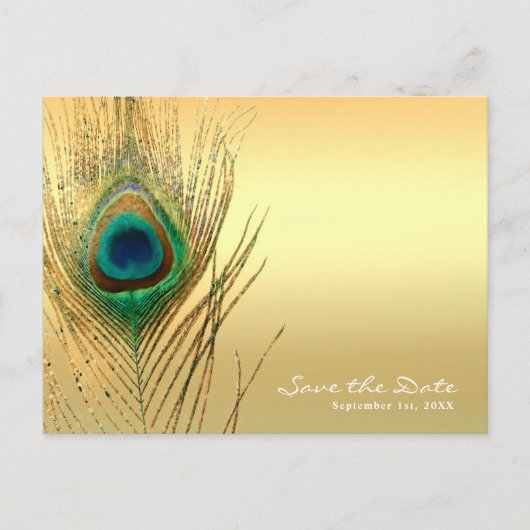 Peacock Feather Gold Exotic Boho Save the Date Ankündigungspostkarte (Vorderseite)