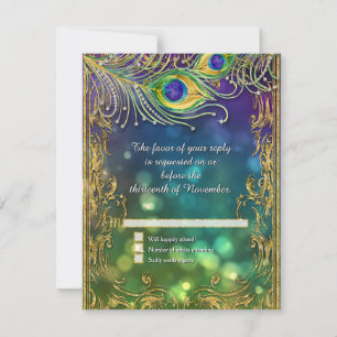 Peacock Feather Gold Glitzer Jeweled Wedding RSVP
