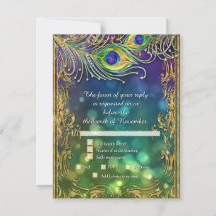 Peacock Feather Gold Glitzer Wedding Menu UAWG RSVP Karte