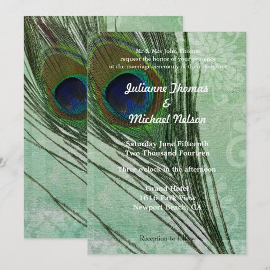 Peacock Feather Green Wedding Einladung (Vorne/Hinten)