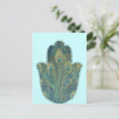 Peacock Feather Hamsa Postkarte (Stehend Vorderseite)