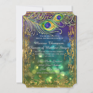 Peacock Feather Jewel Sparkle Gold Brautparty Einladung