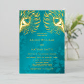 Peacock Feather Jewel Tone Gold Wedding  Folieneinladung (Stehend vorne)