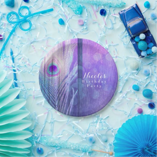 Peacock Feather Lila Glam Boho Chic Custom Party Pappteller (Party)