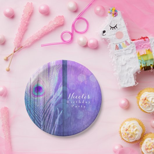 Peacock Feather Lila Glam Boho Chic Custom Party Pappteller (Party)