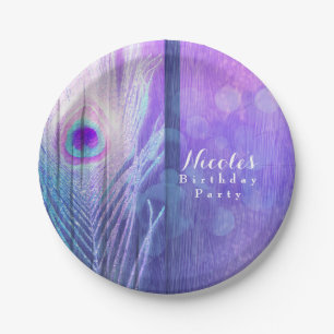 Peacock Feather Lila Glam Boho Chic Custom Party Pappteller