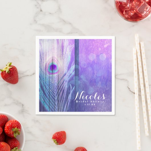 Peacock Feather Lila Glam Boho Chic Custom Party Serviette (Beispiel)