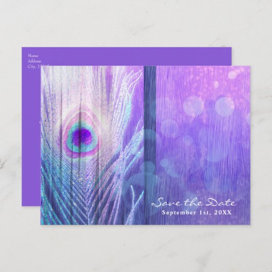 Peacock Feather Lila Glam Boho Save the Date Ankündigungspostkarte (Vorne/Hinten)