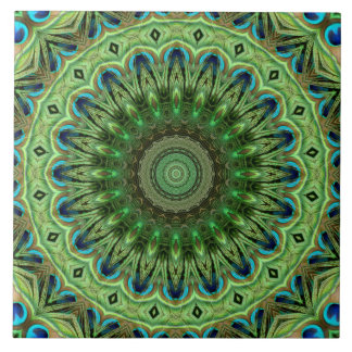 Peacock Feather Mandala Emerald und Blue Symmetry Fliese