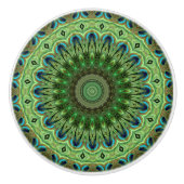 Peacock Feather Mandala Emerald und Blue Symmetry Keramikknauf (Vorderseite)