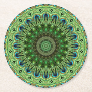 Peacock Feather Mandala Emerald und Blue Symmetry Runder Pappuntersetzer