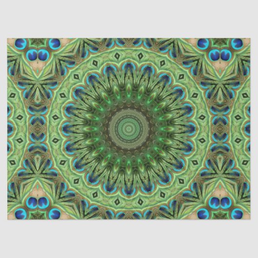 Peacock Feather Mandala Emerald und Blue Symmetry Seidenpapier (Vorderseite)