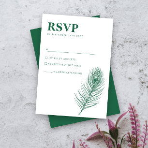 Peacock Feather Minimal Green Wedding RSVP Card Karte