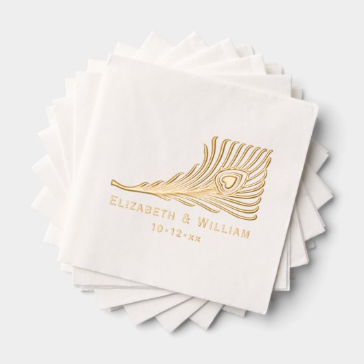 Peacock Feather mit Herz-Braut Groom Couple Servietten Mit Folie (Insitu (Gestapelt))