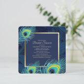 Peacock Feather Navy Blue Gold Brautparty Einladung (Stehend Vorderseite)