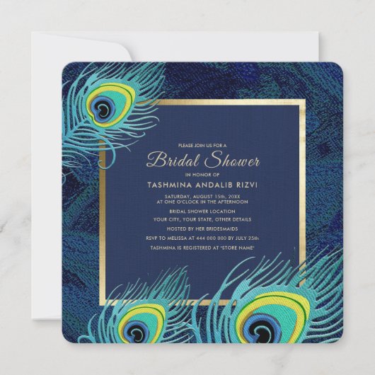 Peacock Feather Navy Blue Gold Brautparty Einladung (Vorderseite)
