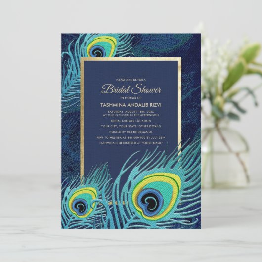Peacock Feather Navy Blue Gold Brautparty Einladung (Stehend Vorderseite)