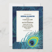 Peacock Feather Navy Blue Gold Wedding Einladung (Vorderseite)