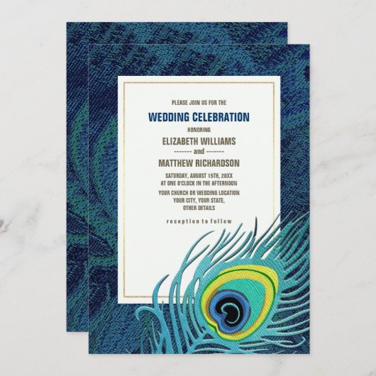 Peacock Feather Navy Blue Gold Wedding Einladung (Vorne/Hinten)