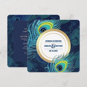 Peacock Feather Navy Blue Gold Wedding Einladung
