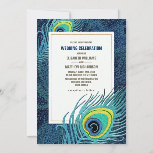 Peacock Feather Navy Blue Gold Wedding Einladung (Vorderseite)