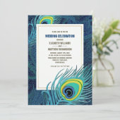 Peacock Feather Navy Blue Gold Wedding Einladung (Stehend Vorderseite)