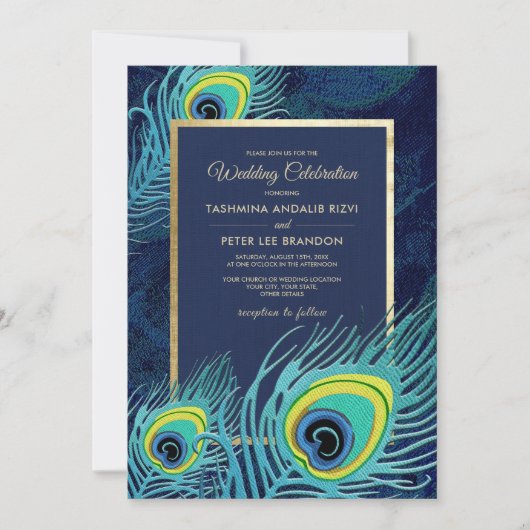 Peacock Feather Navy Blue Gold Wedding Einladung (Vorderseite)