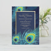 Peacock Feather Navy Blue Gold Wedding Einladung (Stehend Vorderseite)