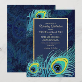 Peacock Feather Navy Blue Gold Wedding Einladung