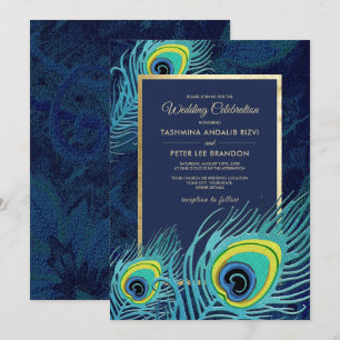 Peacock Feather Navy Blue Gold Wedding Einladung