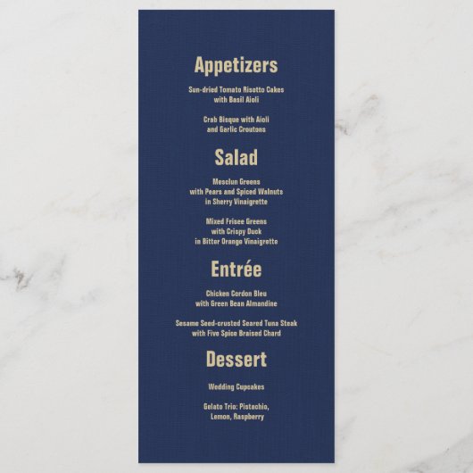 Peacock Feather Navy Blue Wedding Menu Cards Menükarte (Rückseite)