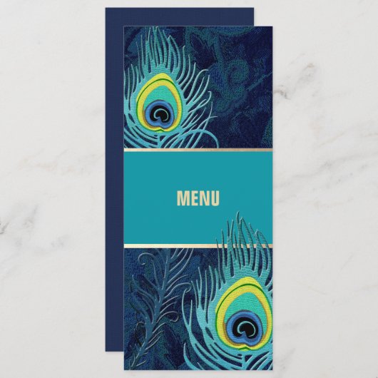 Peacock Feather Navy Blue Wedding Menu Cards Menükarte (Vorne/Hinten)