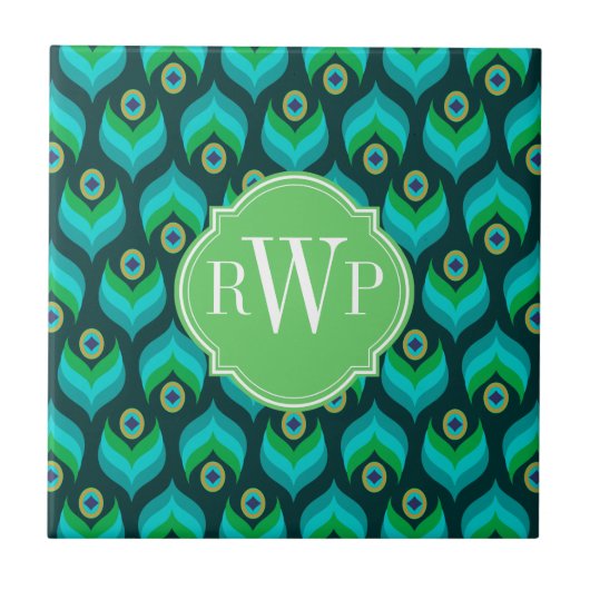 Peacock Feather Pattern Monogram Personalisiert Fliese (Vorderseite)