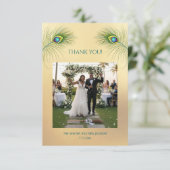 Peacock Feather Photo Wedding Thank You Card Dankeskarte (Stehend Vorderseite)