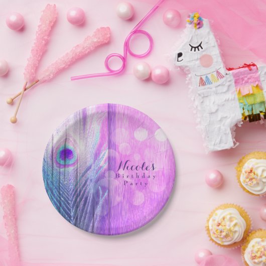 Peacock Feather Pink & Blue Boho Chic Custom Party Pappteller (Party)