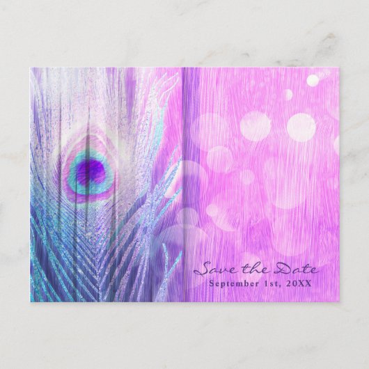 Peacock Feather Pink & Blue Boho Save the Date Ankündigungspostkarte (Vorderseite)