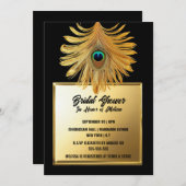 Peacock feather plume black gold Brautparty Einladung (Vorne/Hinten)