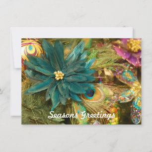 Peacock Feather Poinsettia Flat Christmas Card Feiertagskarte