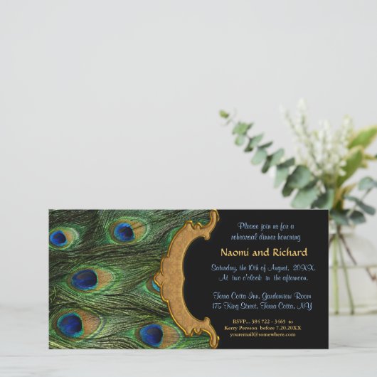 Peacock Feather Probe Dinner Einladung (Stehend Vorderseite)